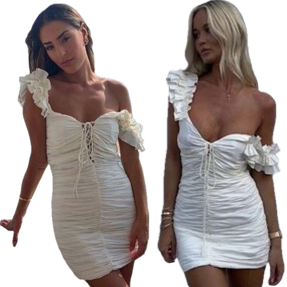 ZARA NWT White Draped Ruched Linen Ruffle Strap Contour Bodycon Tie Mini Dress